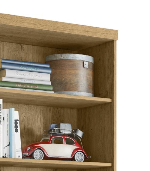 Close-up of the top right corner of a modern bookshelf