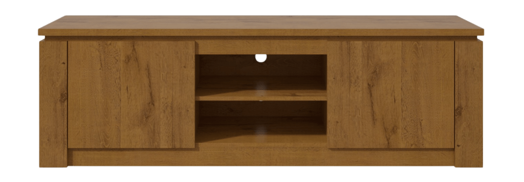Athenas TV Stand in soft oak, showing front and top view