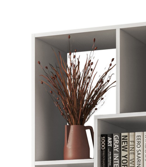 Close-up of the top left corner of a modern bookshelf